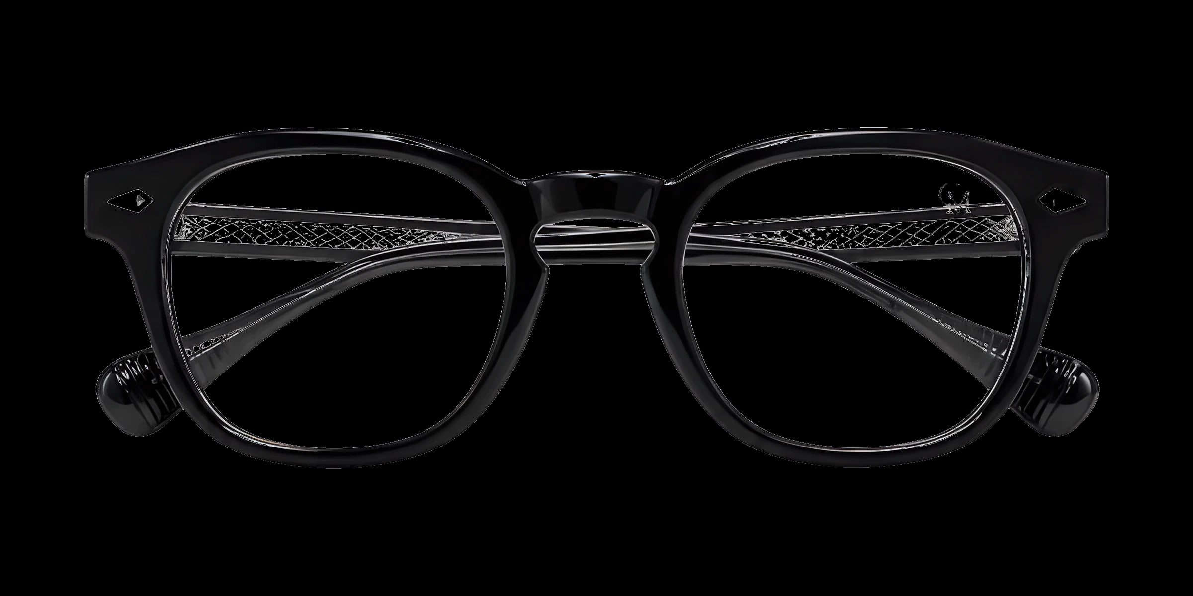 Óculos Clairmont Milan, armação preta de linhas marcantes, lentes transparentes e hastes com textura