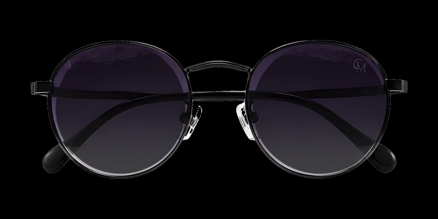 Óculos Clairmont Geneva, armação redonda de metal preto e lentes em degradê roxo-escuro